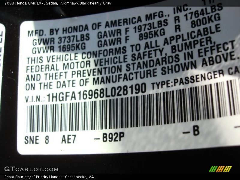 2008 Civic EX-L Sedan Nighthawk Black Pearl Color Code B92P