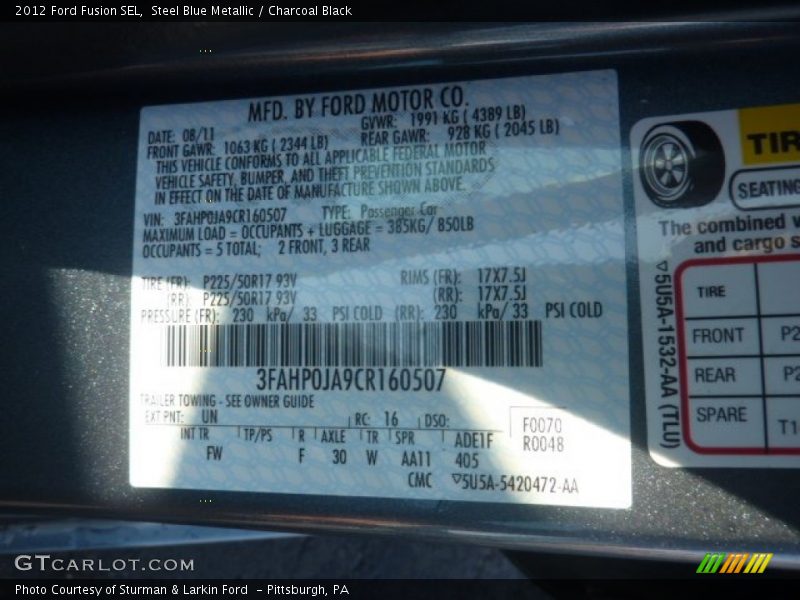 Steel Blue Metallic / Charcoal Black 2012 Ford Fusion SEL