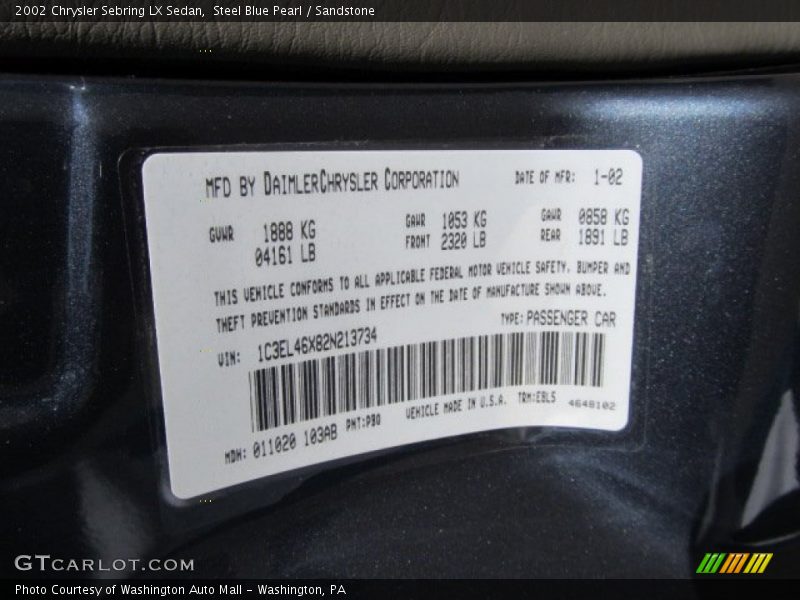 Steel Blue Pearl / Sandstone 2002 Chrysler Sebring LX Sedan