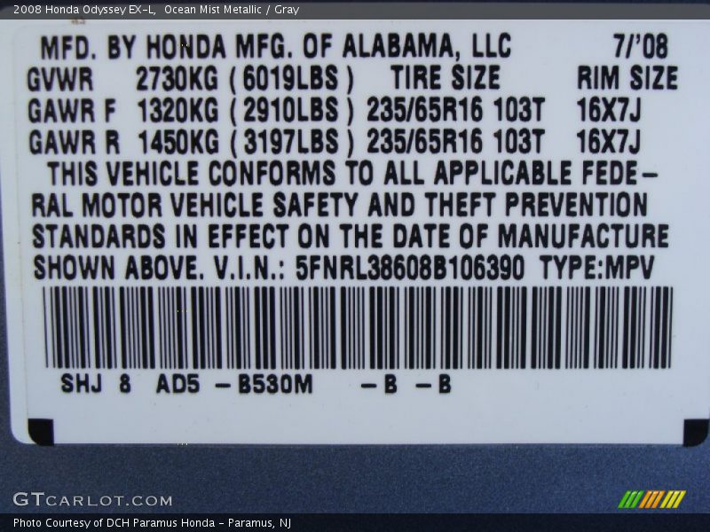 Ocean Mist Metallic / Gray 2008 Honda Odyssey EX-L