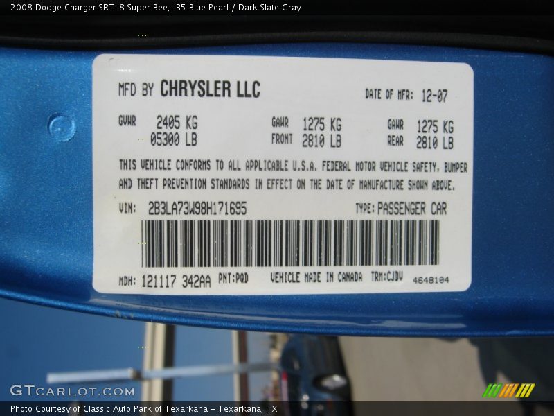 2008 Charger SRT-8 Super Bee B5 Blue Pearl Color Code PQD