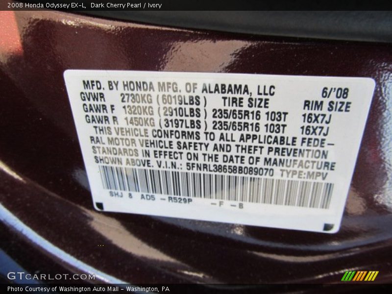 Dark Cherry Pearl / Ivory 2008 Honda Odyssey EX-L