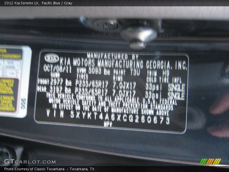 Pacific Blue / Gray 2012 Kia Sorento LX