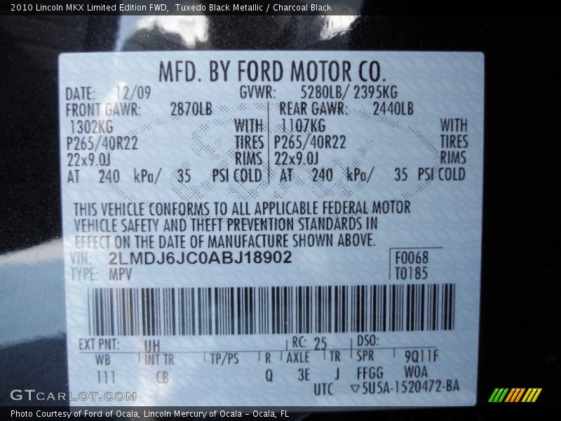 2010 MKX Limited Edition FWD Tuxedo Black Metallic Color Code UH