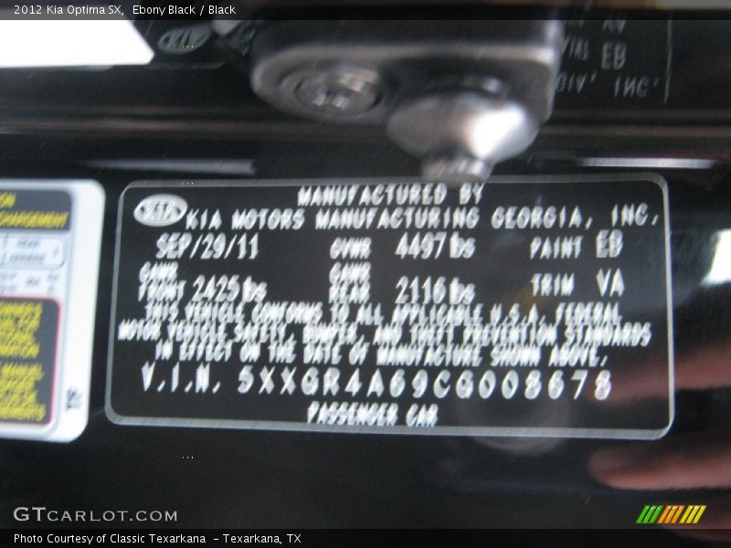 Ebony Black / Black 2012 Kia Optima SX
