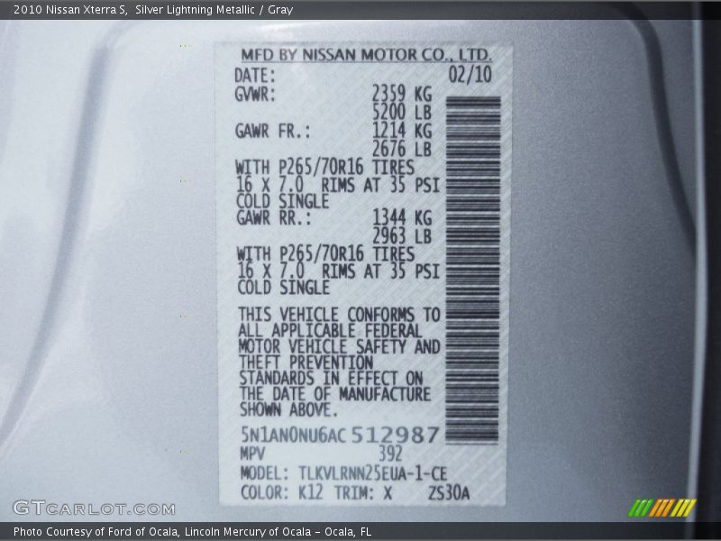 Silver Lightning Metallic / Gray 2010 Nissan Xterra S