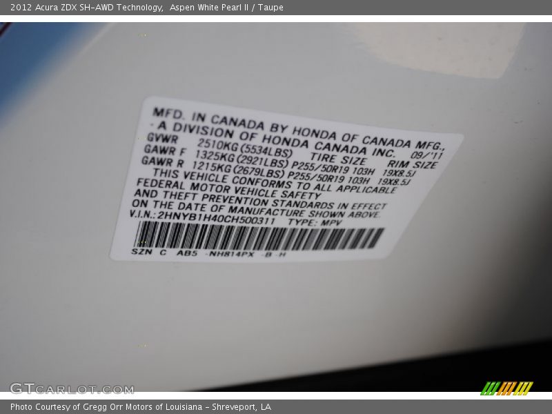2012 ZDX SH-AWD Technology Aspen White Pearl II Color Code NH814PX