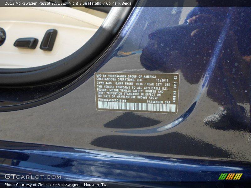 Night Blue Metallic / Cornsilk Beige 2012 Volkswagen Passat 2.5L SE