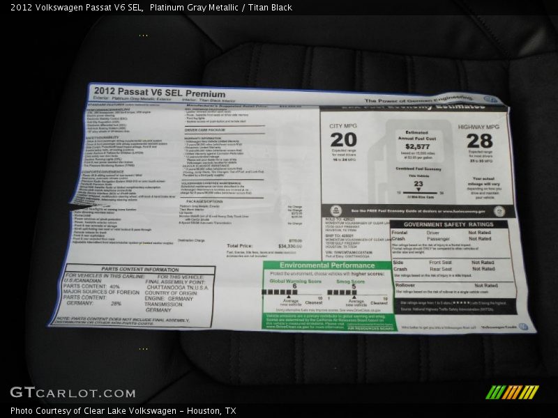  2012 Passat V6 SEL Window Sticker