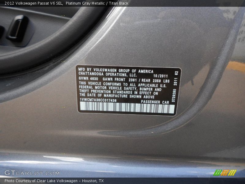 Platinum Gray Metallic / Titan Black 2012 Volkswagen Passat V6 SEL