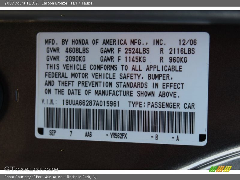 Carbon Bronze Pearl / Taupe 2007 Acura TL 3.2