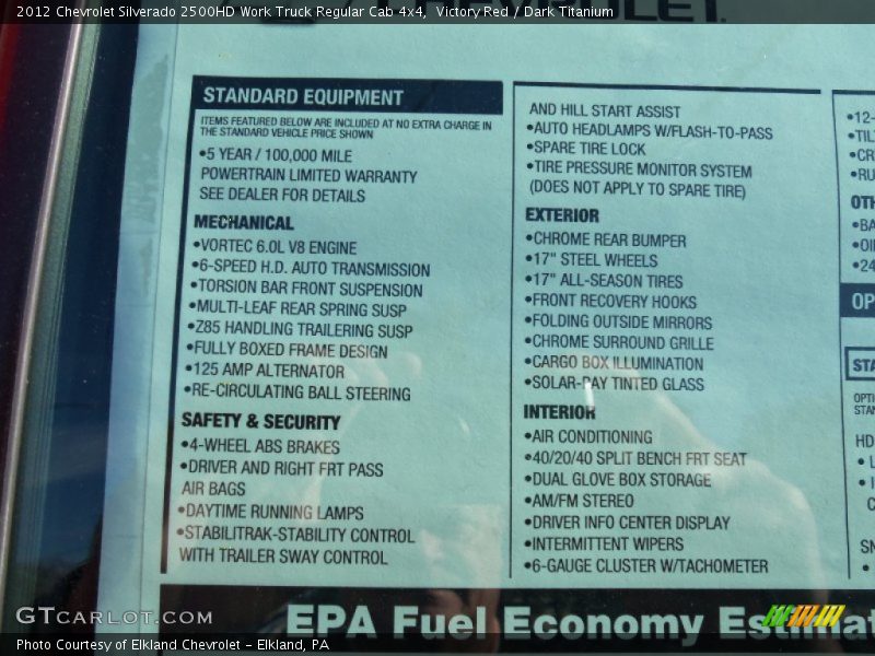  2012 Silverado 2500HD Work Truck Regular Cab 4x4 Window Sticker