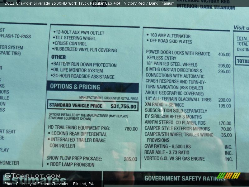  2012 Silverado 2500HD Work Truck Regular Cab 4x4 Window Sticker