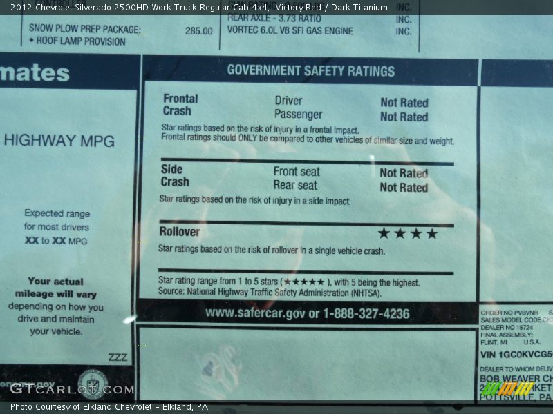  2012 Silverado 2500HD Work Truck Regular Cab 4x4 Window Sticker