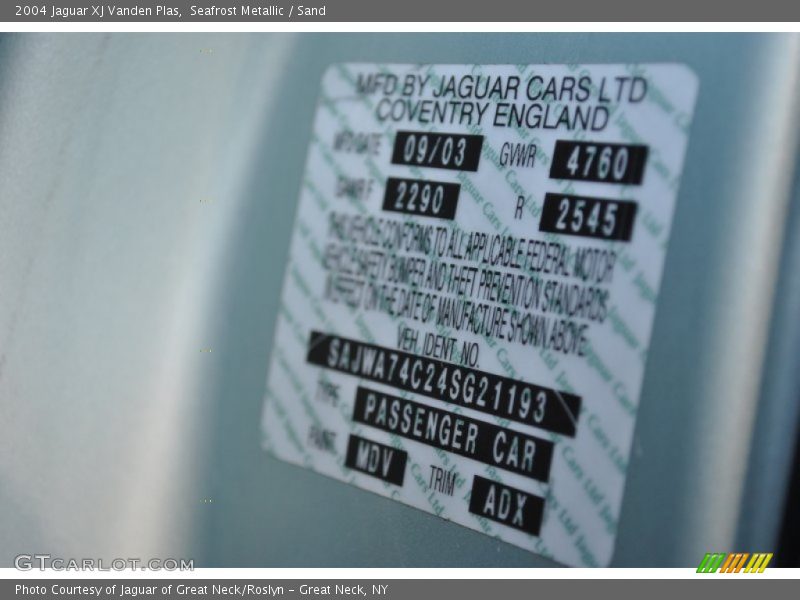 2004 XJ Vanden Plas Seafrost Metallic Color Code MDV