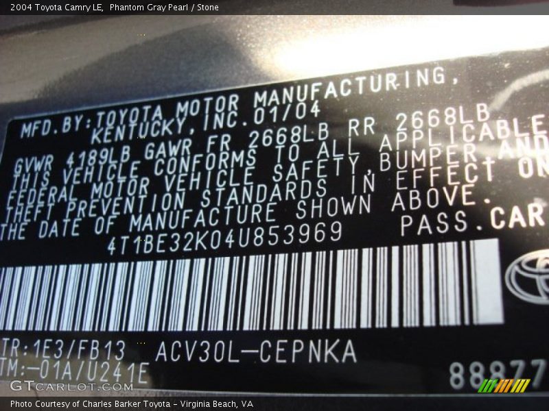 Phantom Gray Pearl / Stone 2004 Toyota Camry LE