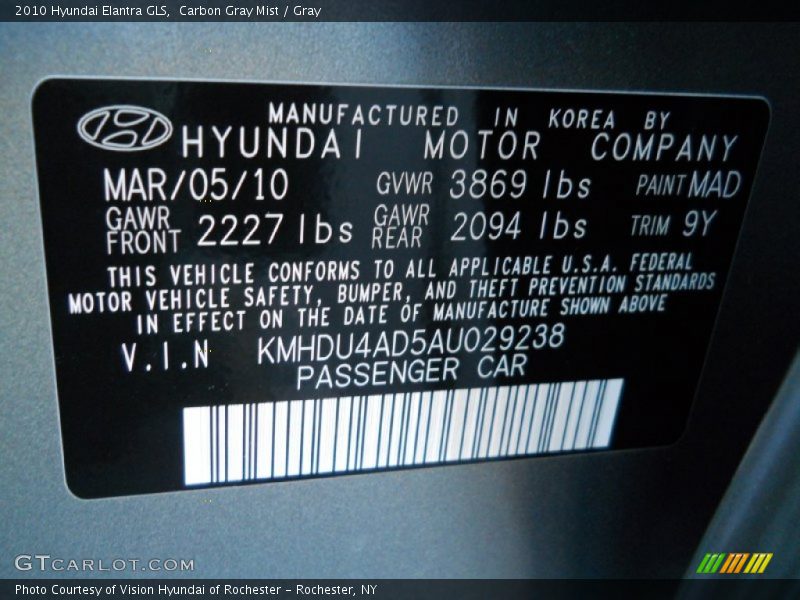 Carbon Gray Mist / Gray 2010 Hyundai Elantra GLS