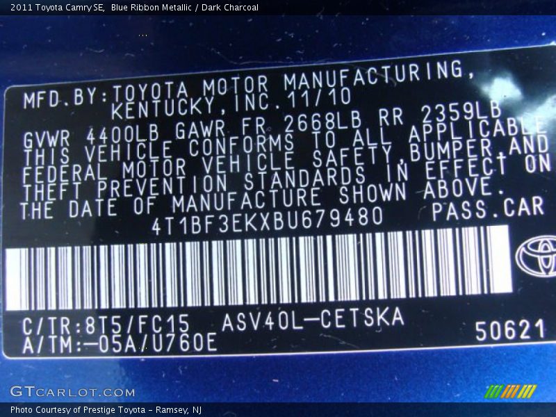 Blue Ribbon Metallic / Dark Charcoal 2011 Toyota Camry SE
