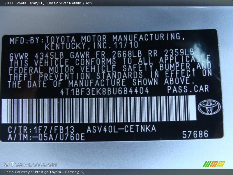 Classic Silver Metallic / Ash 2011 Toyota Camry LE
