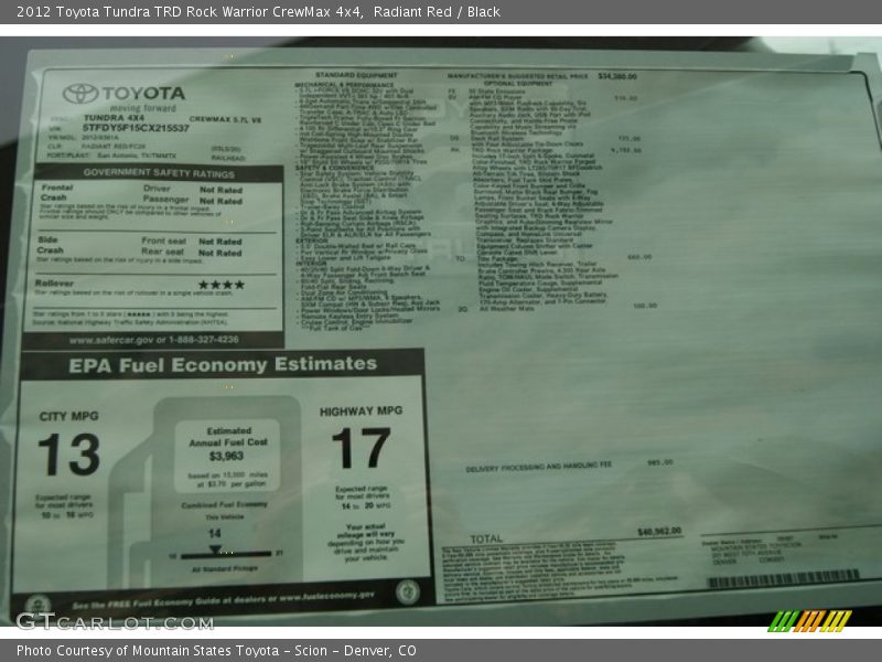  2012 Tundra TRD Rock Warrior CrewMax 4x4 Window Sticker