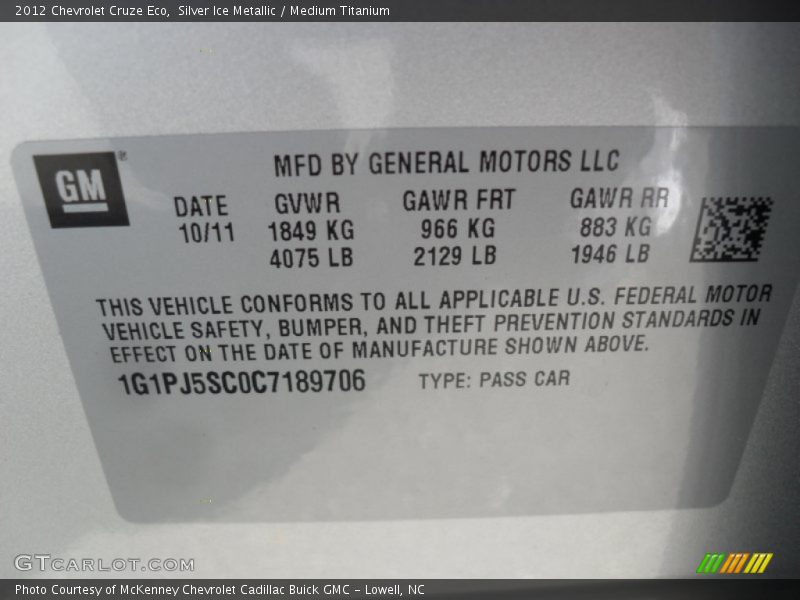 Silver Ice Metallic / Medium Titanium 2012 Chevrolet Cruze Eco