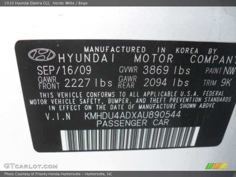 Nordic White / Beige 2010 Hyundai Elantra GLS