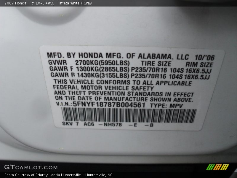 Taffeta White / Gray 2007 Honda Pilot EX-L 4WD