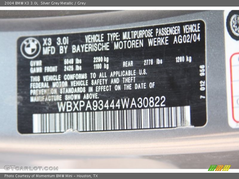 Silver Grey Metallic / Grey 2004 BMW X3 3.0i