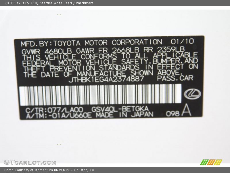 Starfire White Pearl / Parchment 2010 Lexus ES 350