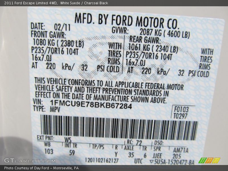 2011 Escape Limited 4WD White Suede Color Code WS