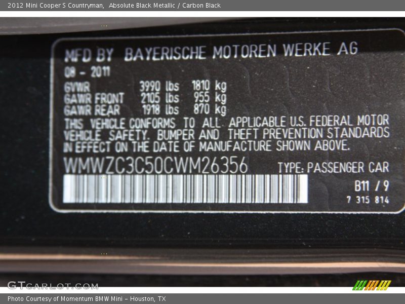 Absolute Black Metallic / Carbon Black 2012 Mini Cooper S Countryman