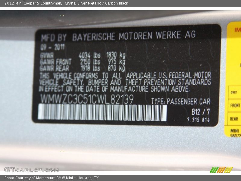 Crystal Silver Metallic / Carbon Black 2012 Mini Cooper S Countryman
