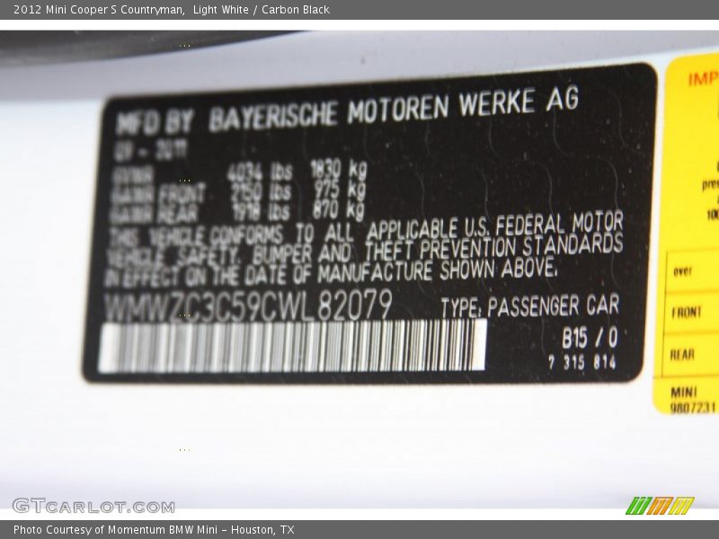 Light White / Carbon Black 2012 Mini Cooper S Countryman