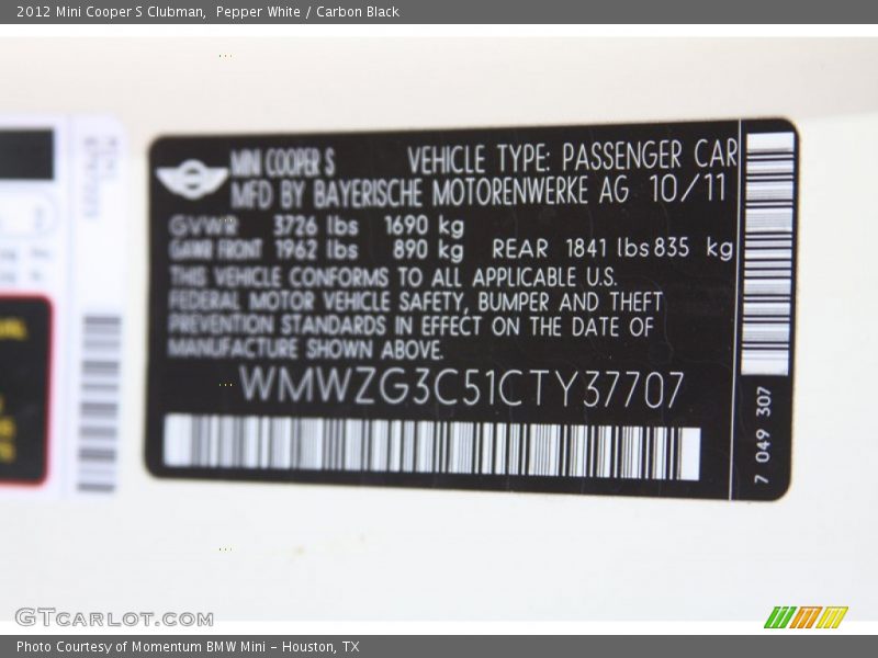 Pepper White / Carbon Black 2012 Mini Cooper S Clubman