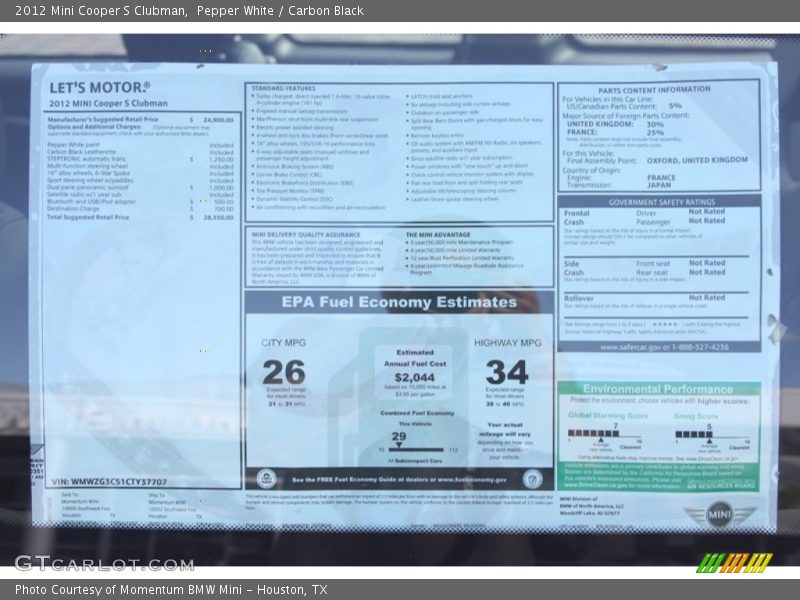  2012 Cooper S Clubman Window Sticker