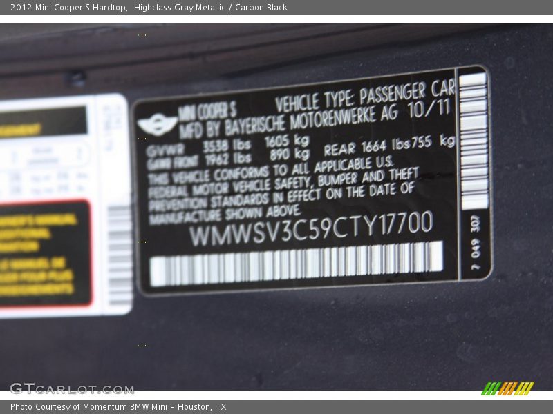 Highclass Gray Metallic / Carbon Black 2012 Mini Cooper S Hardtop