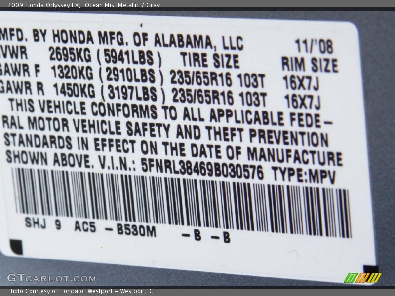 Ocean Mist Metallic / Gray 2009 Honda Odyssey EX