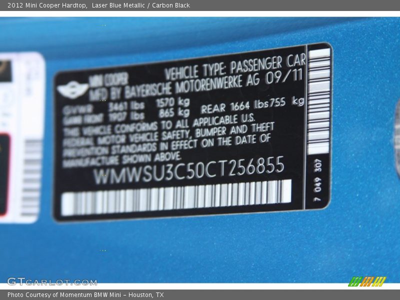 Laser Blue Metallic / Carbon Black 2012 Mini Cooper Hardtop