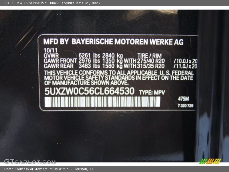 Info Tag of 2012 X5 xDrive35d