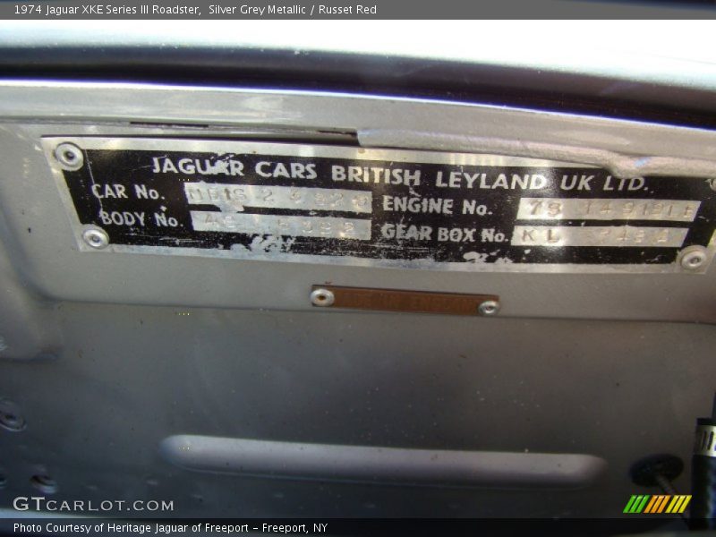 Info Tag of 1974 XKE Series III Roadster