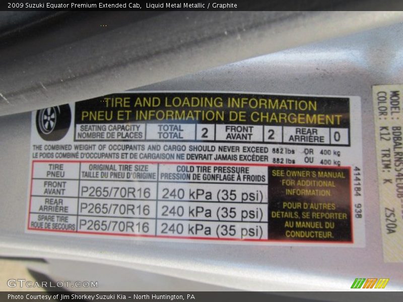 Info Tag of 2009 Equator Premium Extended Cab