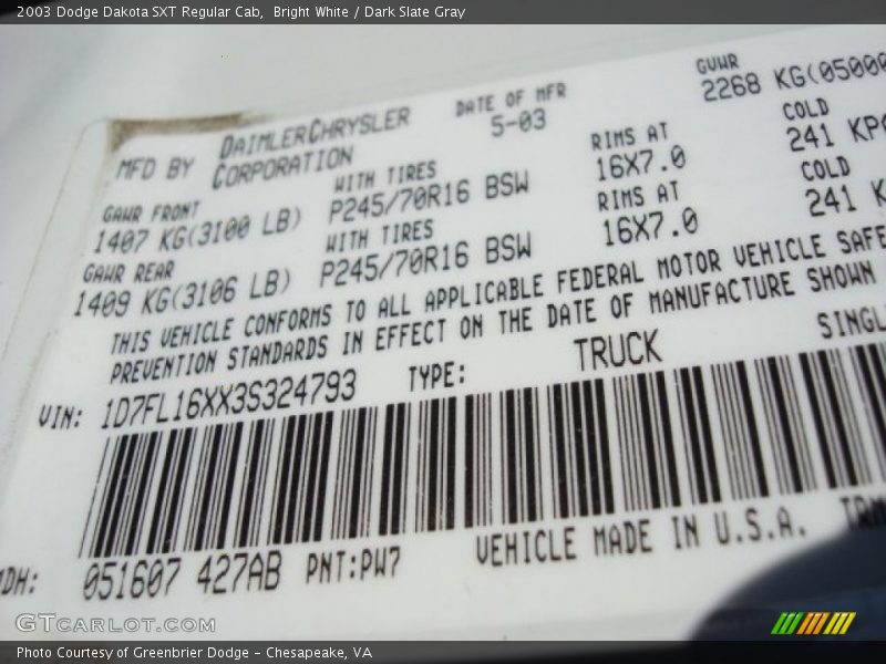 Bright White / Dark Slate Gray 2003 Dodge Dakota SXT Regular Cab