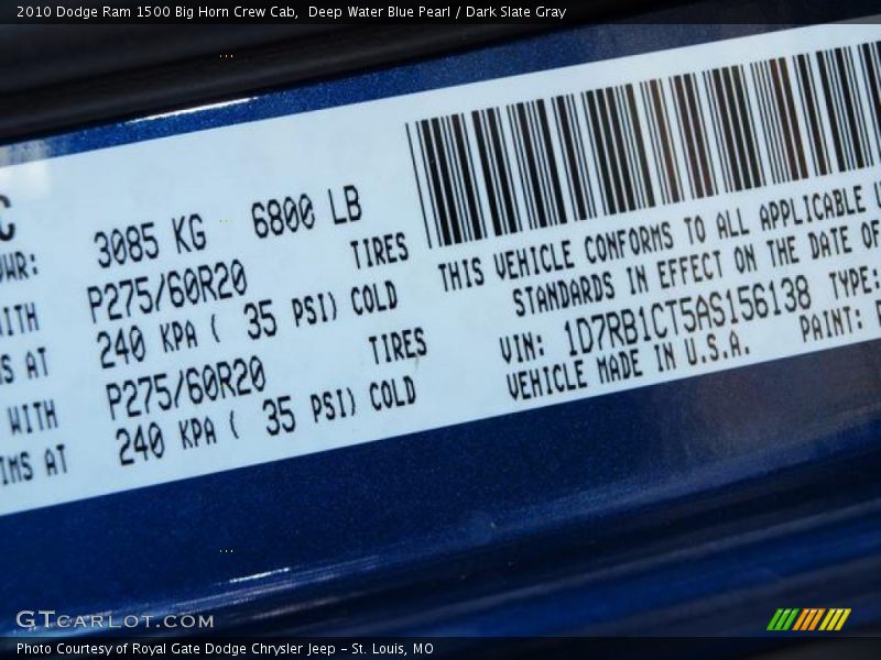 Deep Water Blue Pearl / Dark Slate Gray 2010 Dodge Ram 1500 Big Horn Crew Cab