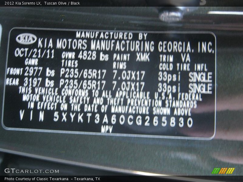 Tuscan Olive / Black 2012 Kia Sorento LX