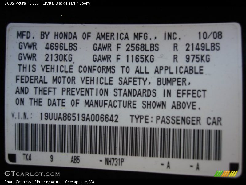 Crystal Black Pearl / Ebony 2009 Acura TL 3.5