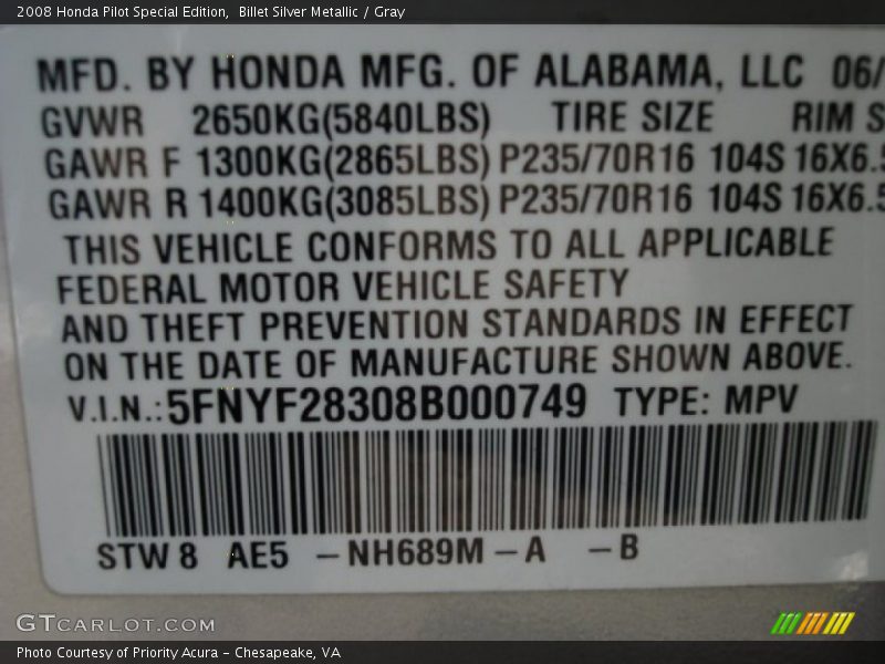 Billet Silver Metallic / Gray 2008 Honda Pilot Special Edition