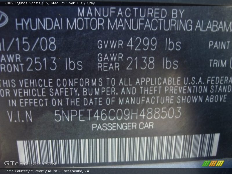 Medium Silver Blue / Gray 2009 Hyundai Sonata GLS