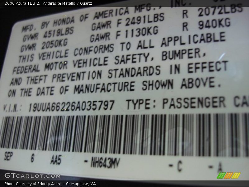 Anthracite Metallic / Quartz 2006 Acura TL 3.2