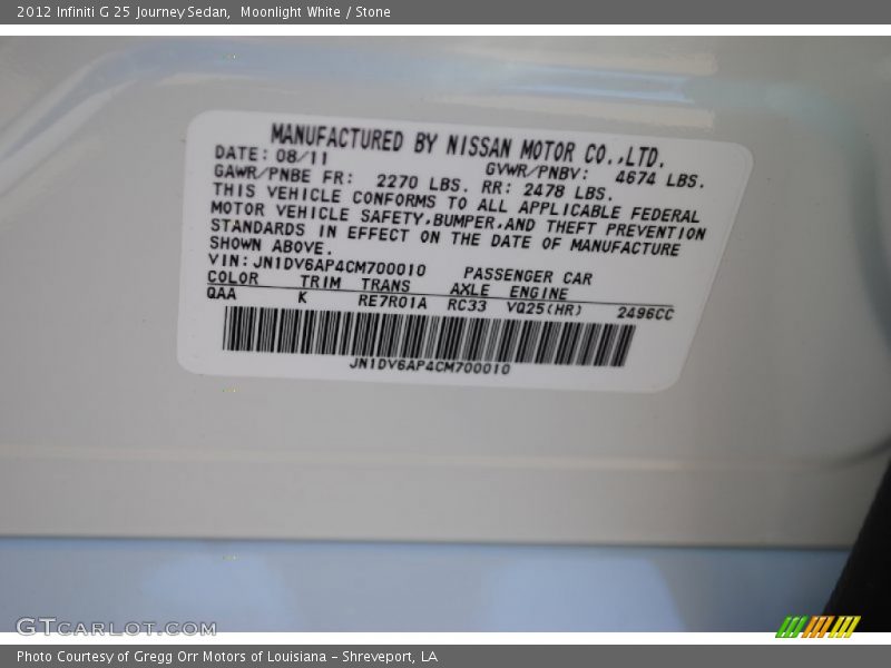 2012 G 25 Journey Sedan Moonlight White Color Code QAA