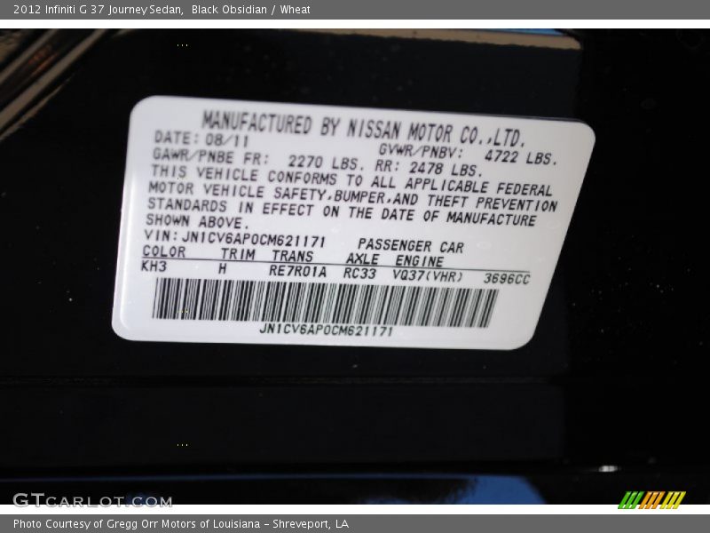2012 G 37 Journey Sedan Black Obsidian Color Code KH3